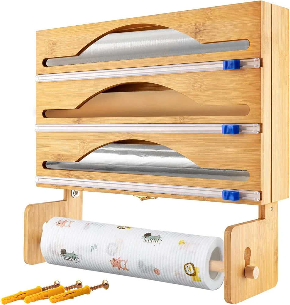 4-in-1 maistinės plėvelės dozatorius su virtuvinio popieriaus laikikliu, howllydo folijos pjaustytuvas, tinkamas 30 cm maistinės plėvelės dozatorius iš bambuko, folijos dozatorius stalčiuje