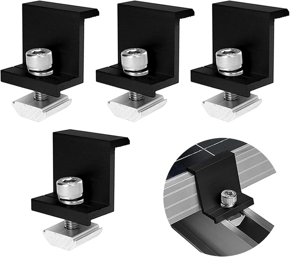 4 saulės baterijų laikiklių rinkinys, saulės baterijų laikiklis, 30 mm galinis spaustuko rinkinys, saulės modulio laikiklis su varžtais, balkono elektrinės stoties laikiklis, saulės baterijos su formos laikiklis, krašto spaustukas kemperiui, stogui