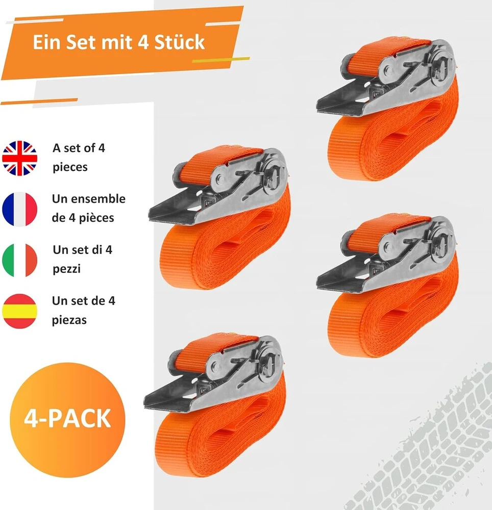4 vienetų surišimo diržų rinkinys su terkšle (4 m arba 6 m) – 800 kg 25 mm – išbandyta Tüv ir Din – surišimo diržas, tvirtinimo diržas, mažas vientisas – diržas su terkšle motociklui