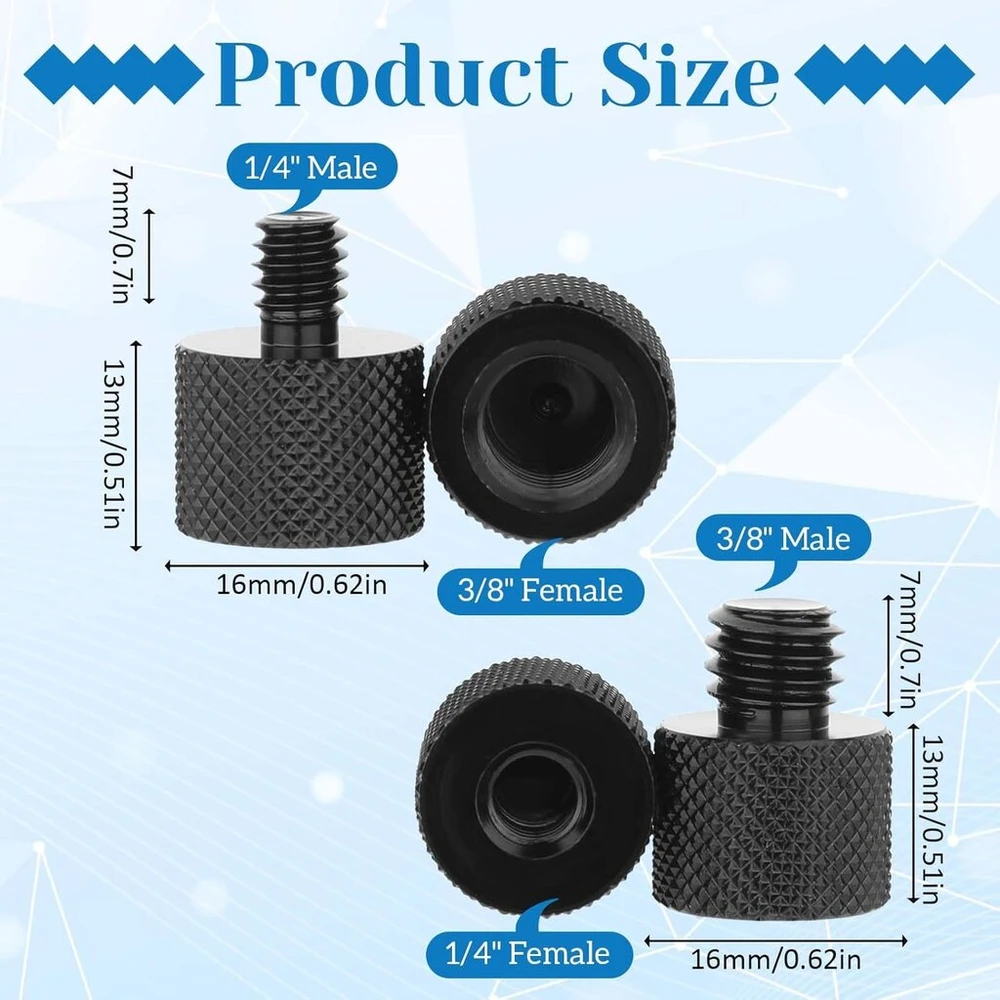 4 vnt. sriegių adapterių rinkinys nuo 3/8 colio iki 1/4 colio trikojo adapteris aliuminio lydinio trikojo sriegio adapteris sraigtinis adapteris nuo 1/4 colio iki 3/8 colio adapteris, skirtas kamerai, garsiakalbiui, trikojui, mikrofono stovui, kamerai