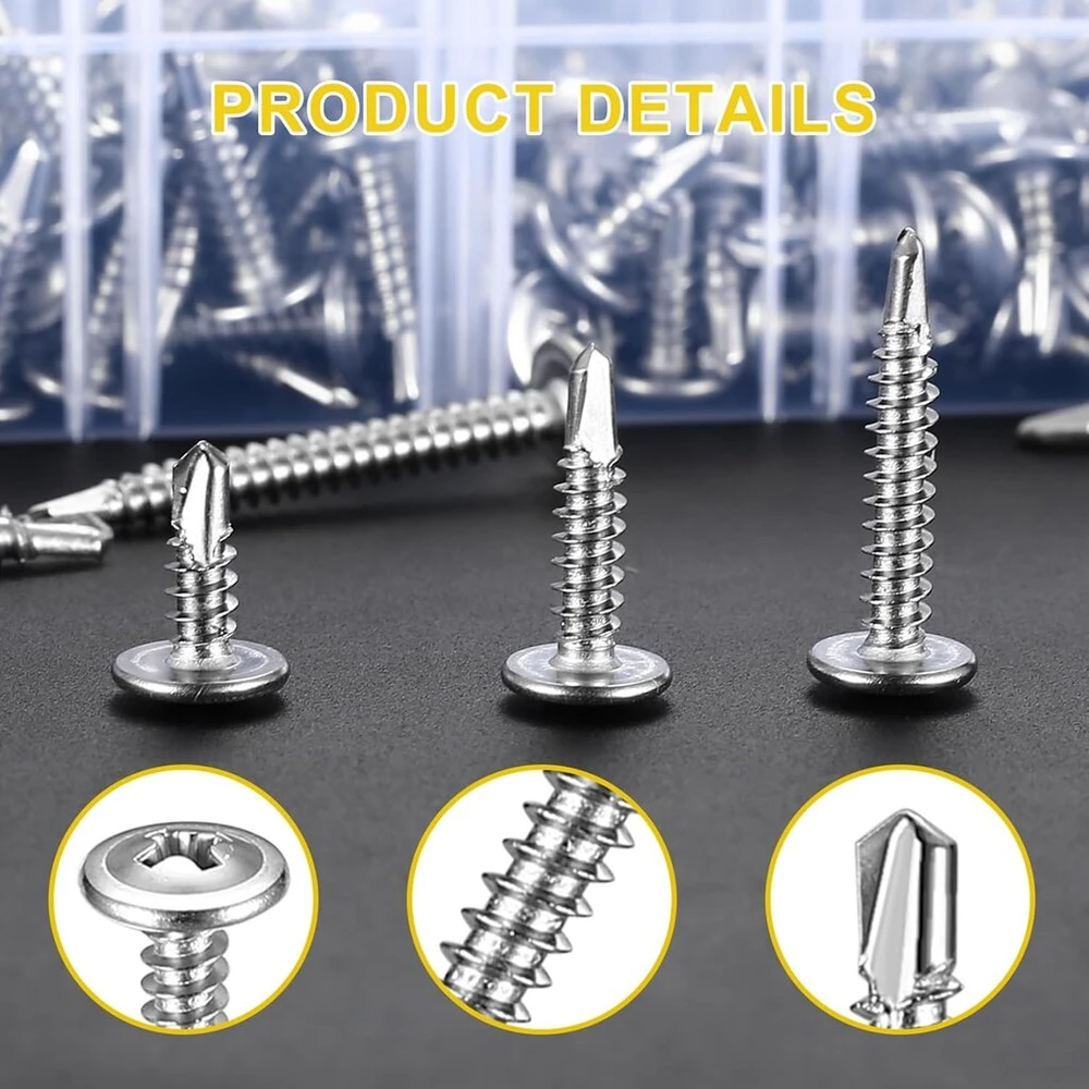 420 vienetų nerūdijančio plieno savisriegių varžtų rinkinys, savaime gręžiantis varžtas, varžtų gręžimo varžtų rinkinys - 4,2 mm x 13/19/25/32/38/50 mm