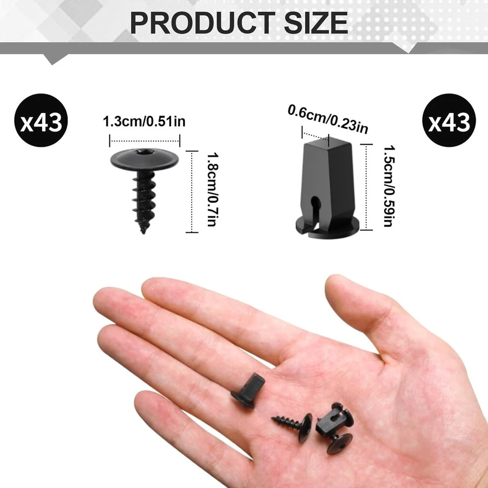 43 vnt. savisriegių varžtų rinkinys, m5 x 16 mm, korpuso varžtai, skirti lakštiniam metalui, anglinis plienas, lakštinio metalo varžtų asortimentas, plastikiniai varžtai, su 43 pagrindais (juodi)