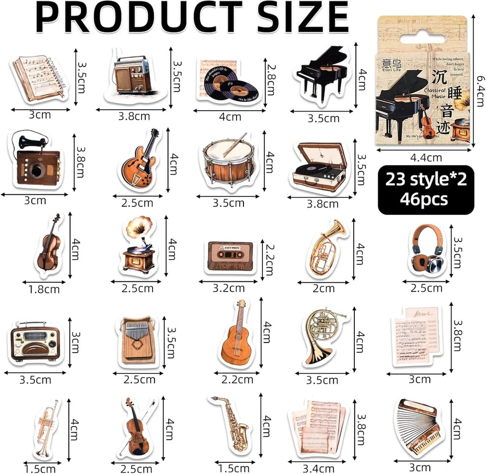46 vienetų muzikos instrumentų lipdukai, Shanfaa vintažiniai muzikos temos lipdukai vaikams, paaugliams, suaugusiems, kelioniniam dėklui, nešiojamam kompiuteriui, planuokliui, kalendoriui, iškarpų albumui, lagaminui, sąsiuviniams, žurnalui