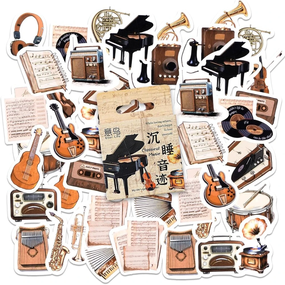 46 vienetų muzikos instrumentų lipdukai, Shanfaa vintažiniai muzikos temos lipdukai vaikams, paaugliams, suaugusiems, kelioniniam dėklui, nešiojamam kompiuteriui, planuokliui, kalendoriui, iškarpų albumui, lagaminui, sąsiuviniams, žurnalui