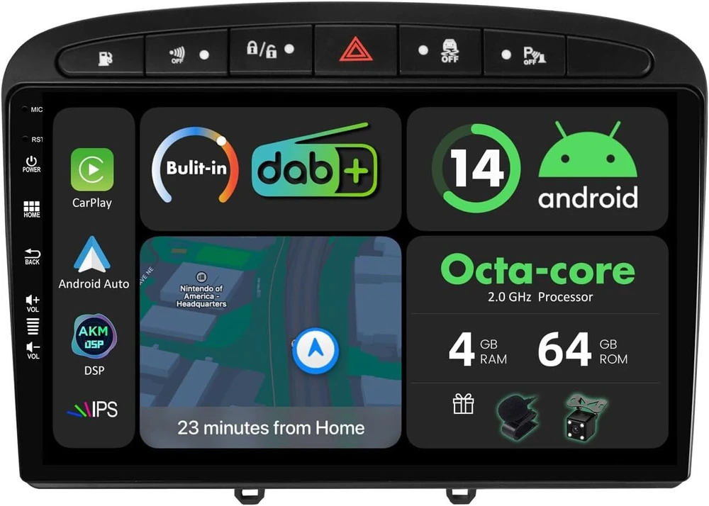 Automagnetola [4g + 64g] Ips 9 colių Android 14 automobilinis radijas Peugeot 308 2007-2013 su Navi Octa Core [integruotas Dab+/carplay/android Car/dsp/gps/bluetooth 5.0/wlan/usb