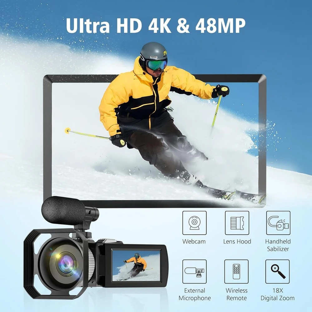 4k 48mp vaizdo kamera, vaizdo kamera 18x skaitmeninis priartinimas Wifi vaizdo kamera, skirta „youtube“, 3,0 colių Hd ekranas, tinklaraščių kamera su 2 baterijomis / belaidis mikrofonas / 64g Sd kortelė / nuotolinio valdymo pultas