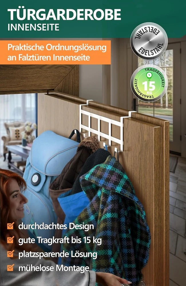 4smile pakaba virš durų, balta, nerūdijančio plieno pakaba ant durų vidinės pusės, vietą taupančios pakabos ant durų