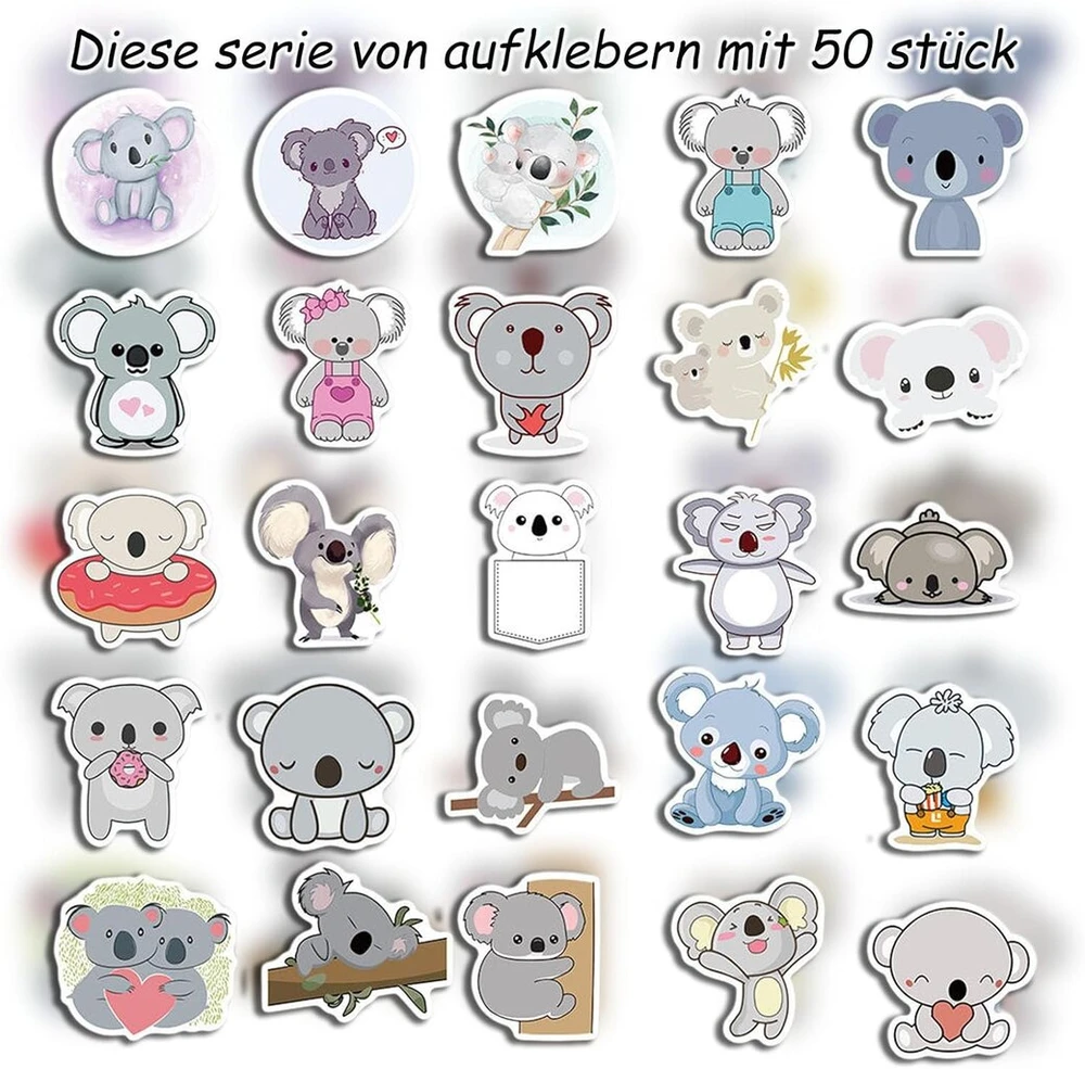 50 koalos lipdukų rinkinys, lipdukai su gyvūnais, vandeniui atsparūs lipdukai "pasidaryk pats" dekoravimui, lipdukai vaikams su gyvūnais, lipdukai vaikams, atsparūs vandeniui, juokingi gyvūnų raštai, lipdukų rinkinys vaikams
