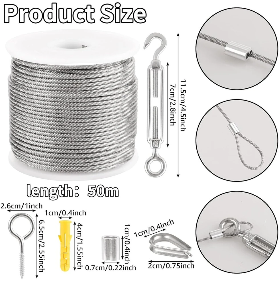 50 m 2 mm nerūdijančio plieno 304 trosas su kilpomis, įtempiamas trosas, plieno trosas padengtas Pvc su įtempikliu pakabinimui, skalbinių virvė, užuolaidų virvė, vijokliniams augalams