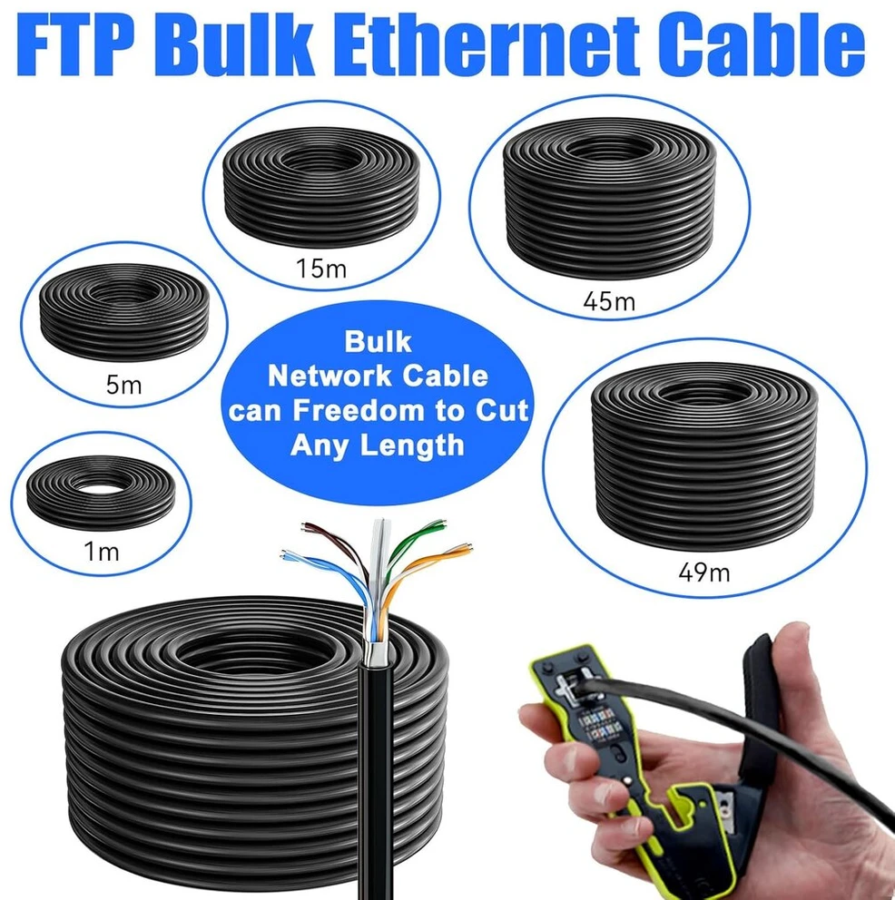 50 m tinklo kabelis, montavimo kabelis, lan kabelis 50 m lauko ethernet kabelis didelio greičio ekranavimo montavimo kabelis duomenų kabelis lauko vidaus atsparus oro sąlygoms, 23awg, apsauga nuo trukdžių, lszh be halogenų