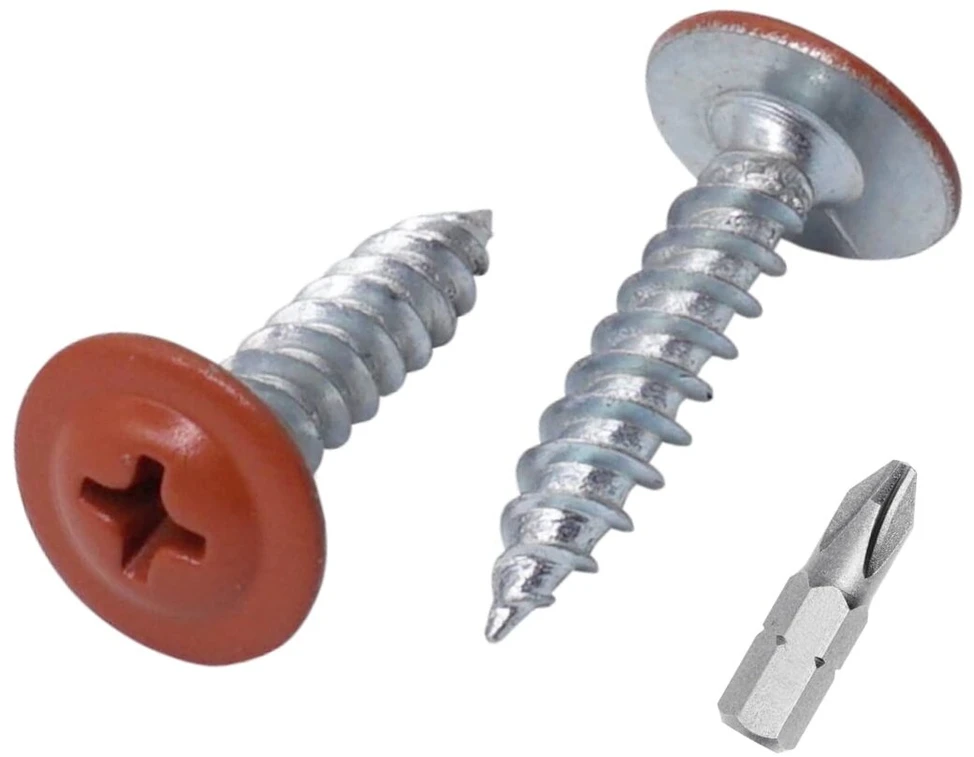(50 vnt. pakuotė) Dažyti 4.2 x 19 mm medsraigčiai, savaime įsisriegiantys metaliniai varžtai, Phillips modifikuota santvaros galvutė, plokščia galvutė (50, vario ruda Ral 8004)