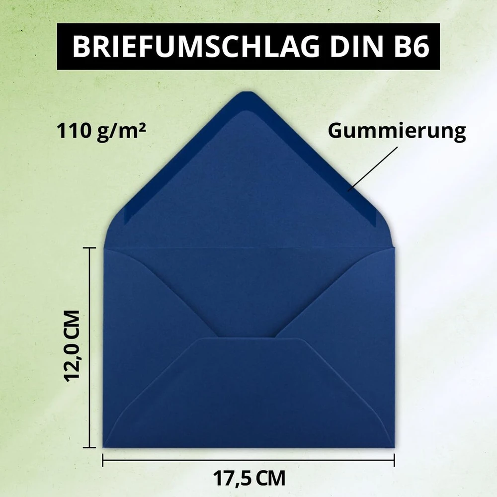 50 x vokai, formatas B6 - midnight mėlynas (vidurnakčio mėlyna) - tamsiai mėlyna - 12 x 17.5 cm - sudrėkinami klijai su smailėjančiu atvartu - 110 g/m² - kvietimų vokai