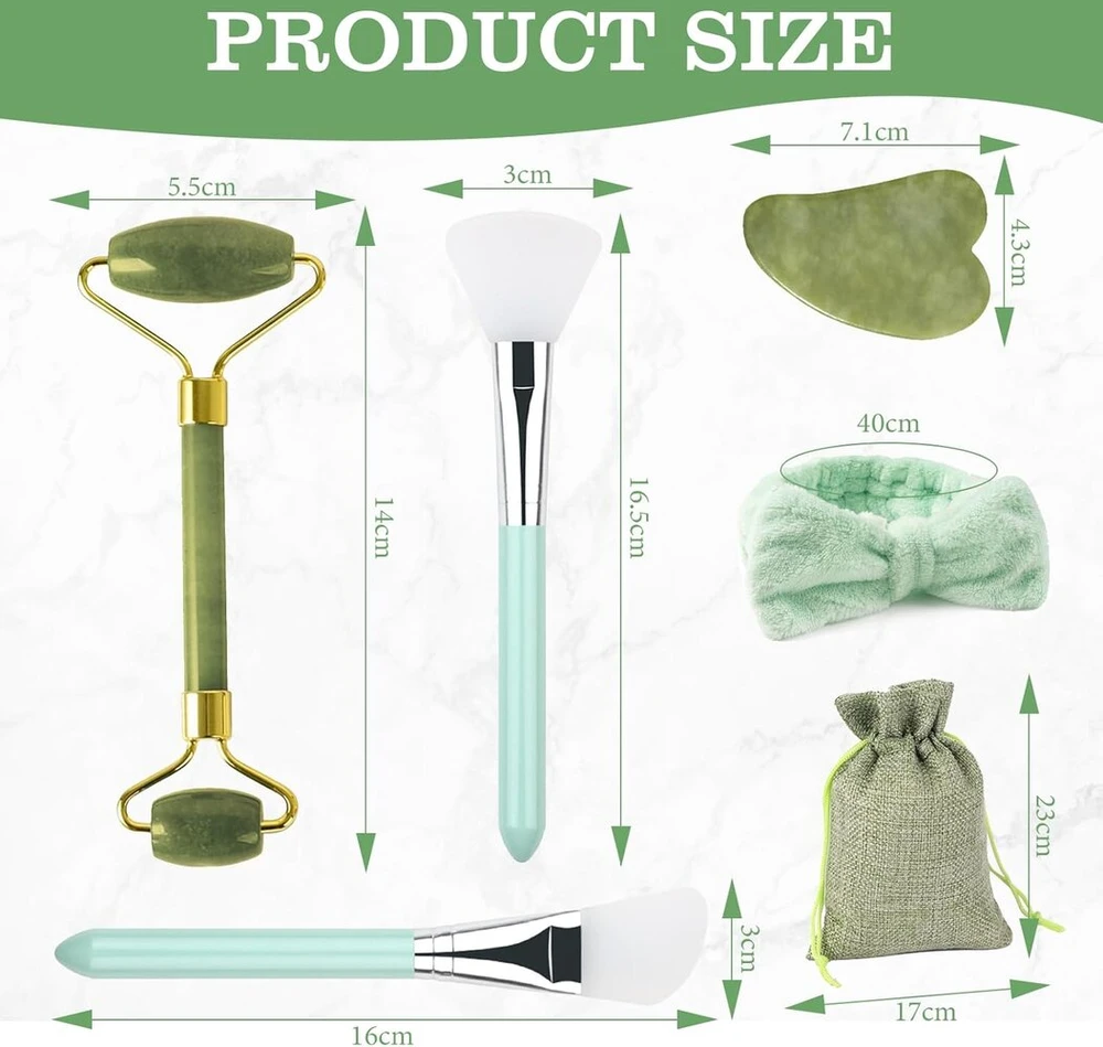 6 dalių gua sha rinkinys, veido masažo volelis, veido volelis rožinis kvarcas, veido nefrito volelių rinkinys, natūralus nefrito masažo volelis, tinkamas veido masažui ir kasdienei odos priežiūrai