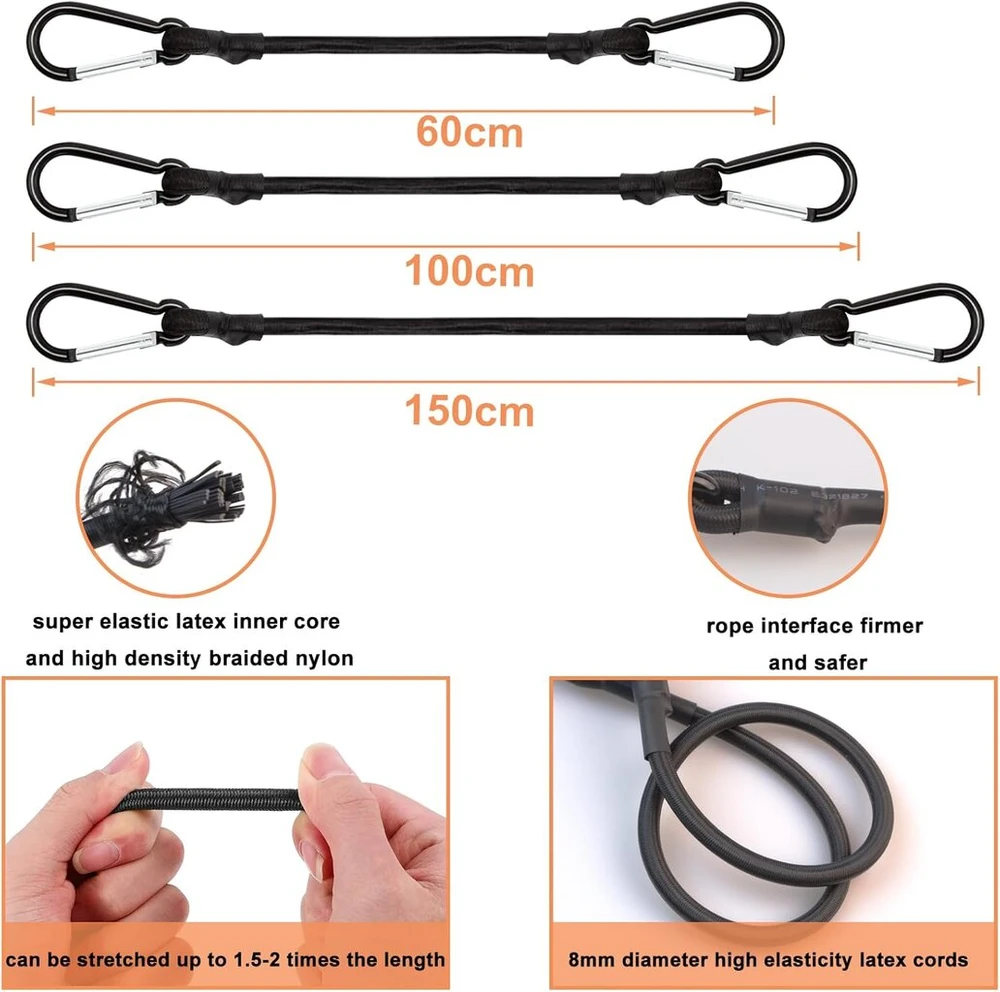 6 elastinių diržų su karabinais rinkinys, 60 cm, 100 cm, 150 cm ilgio bagažo įtempiklis, elastinė juosta su karabinu, plėtiklis su karabinu saulės burėms, tentams, sodui, dviračiui, automobiliui