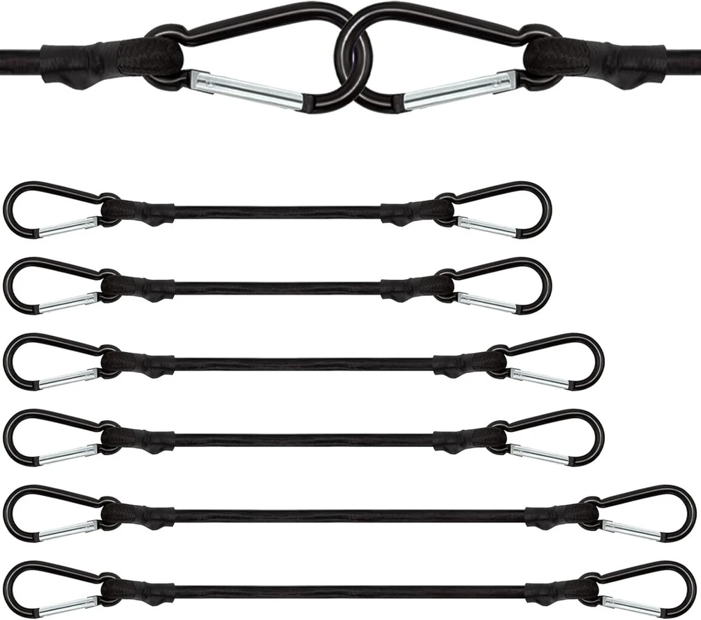 6 elastinių diržų su karabinais rinkinys, 60 cm, 100 cm, 150 cm ilgio bagažo įtempiklis, elastinė juosta su karabinu, plėtiklis su karabinu saulės burėms, tentams, sodui, dviračiui, automobiliui