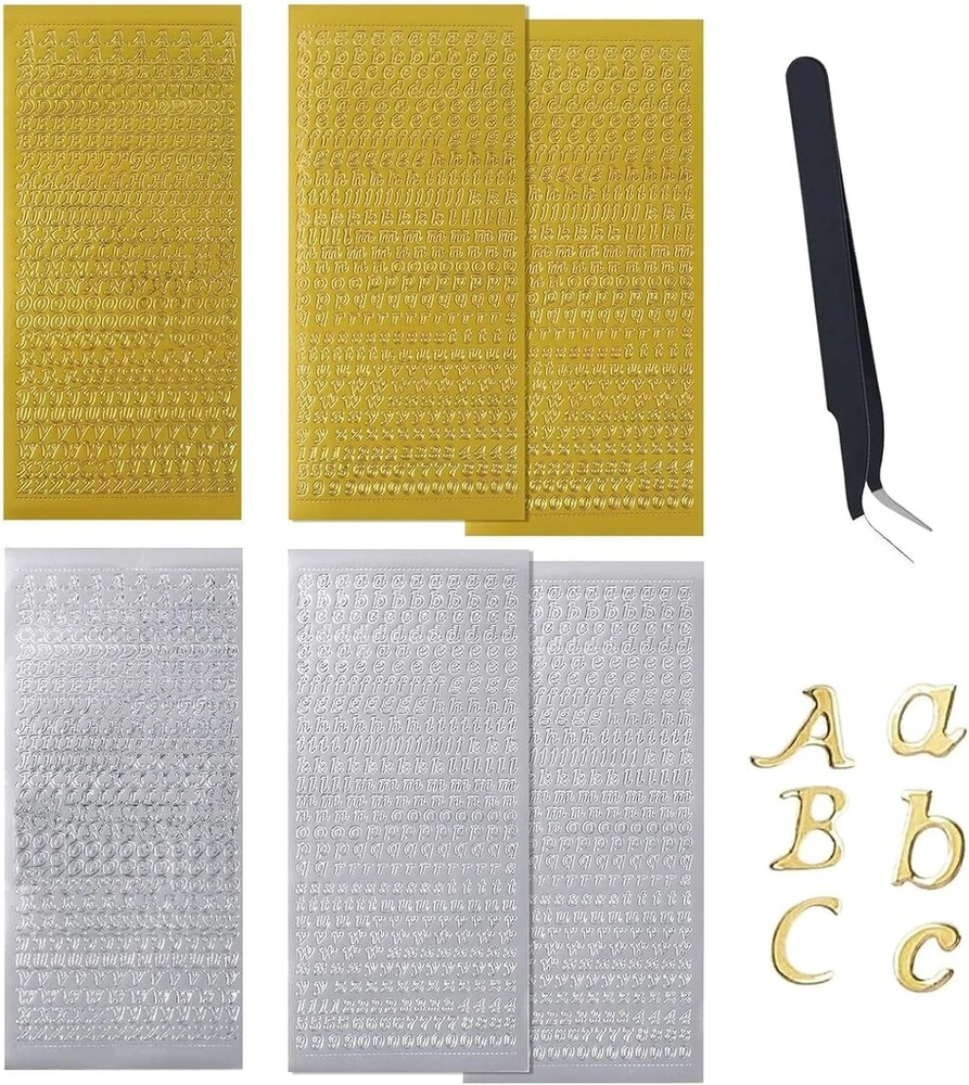 6 lapų raidžių lipdukai, lipnūs lipdukai su nerūdijančio plieno pincetu, karšto štampavimo etikečių lipdukai, aukso, sidabro, juodos spalvos, mini raidžių nuo A iki Z lipdukai, skirti "pasidaryk pats" scrapbooking (aukso, sidabro)