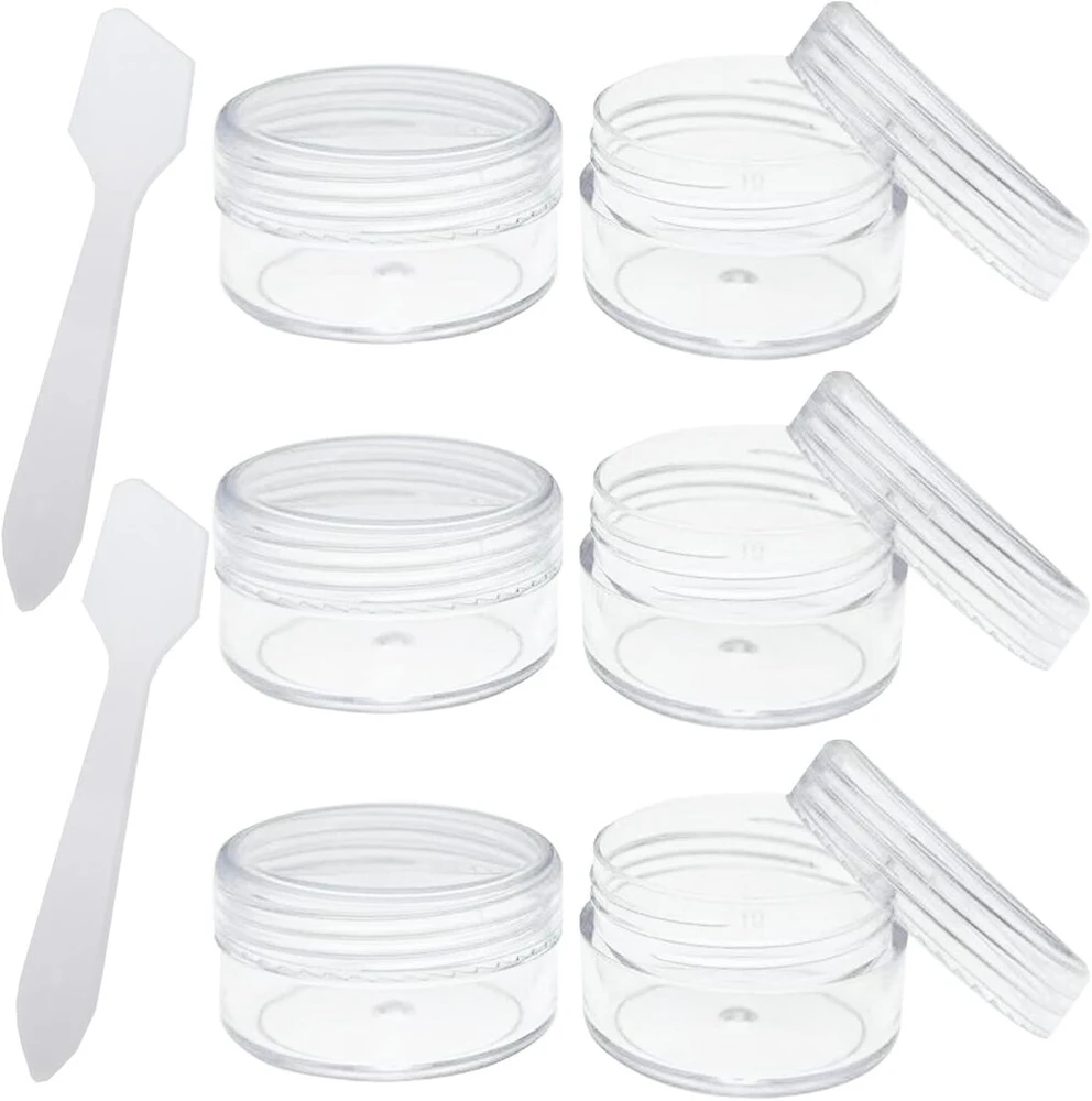 6 mažų 10 ml indelių rinkinys su dangteliu, plastikiniai kremo indeliai užpildymui, tušti kosmetiniai indeliai su 2 mini mentelėmis, kremo dėžutės, kelioninis puodelių rinkinys lūpų balzamui, losjonui, kremui, skaidrūs