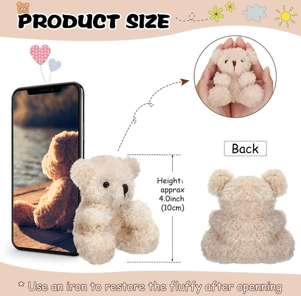 6 mini meškučių pliušinių žaislų rinkinys, 10 cm, minkšti žaislai, maži minkšti kūdikėlių lėlytės kūdikio sutiktuvių gimtadienio išleistuvių raktų pakabukui (ruda, abrikosinė)