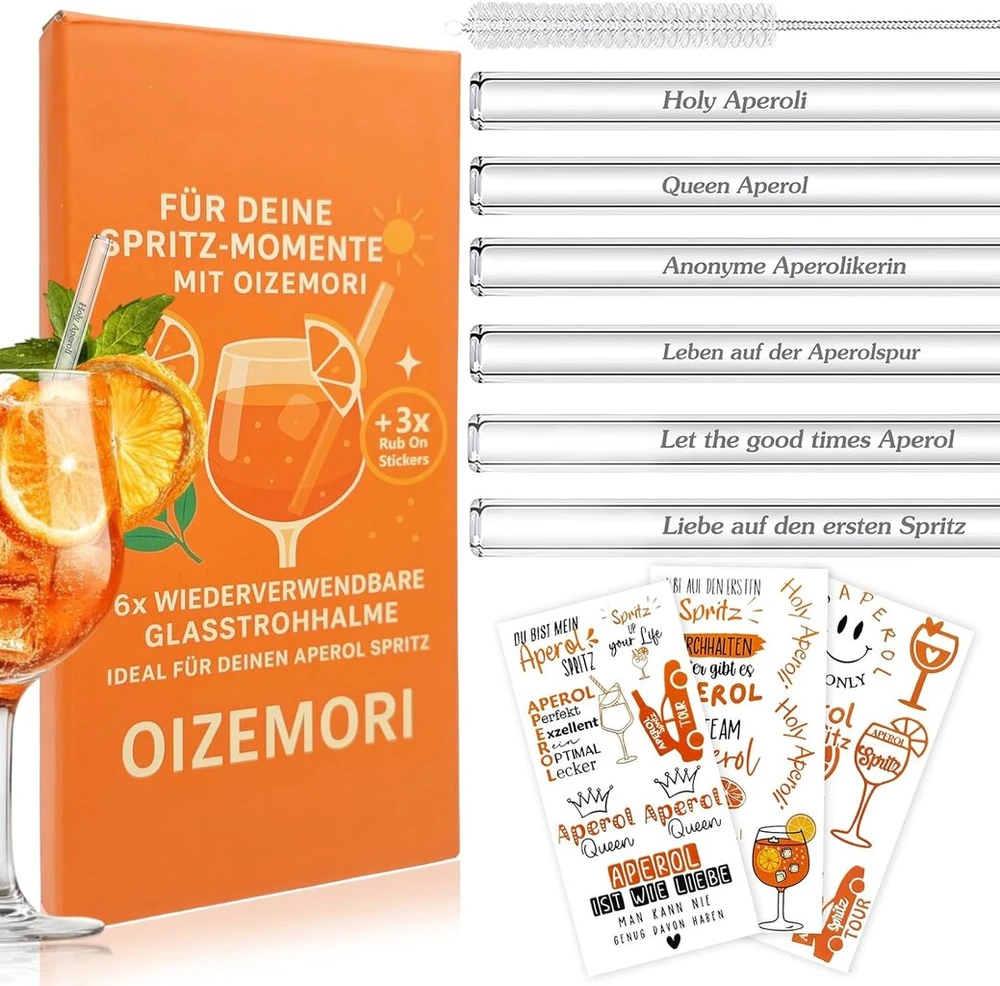 6 stiklinių šiaudelių rinkinys 20 cm Aperol Splash, daugkartinio naudojimo stikliniai šiaudeliai Aperol Purškiklis dovanų rinkinys su valymo šepečiu ir 3 lipdukais, skirti kokteiliams, kokteiliams ir sultims