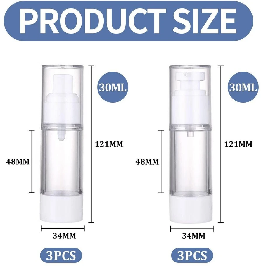 6 vnt. 30 ml vakuuminiai dozavimo buteliukai, daugkartiniai kelioniniai buteliukai, kosmetiniai stumiami buteliukai, odos priežiūros produktų dozavimo buteliukai, kelioninis konteineris