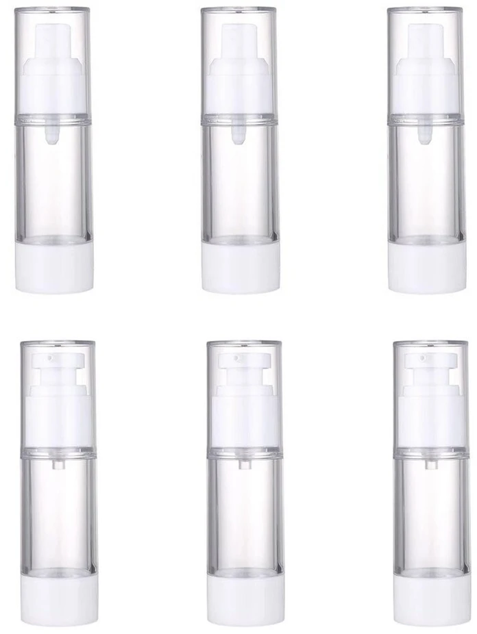 6 vnt. 30 ml vakuuminiai dozavimo buteliukai, daugkartiniai kelioniniai buteliukai, kosmetiniai stumiami buteliukai, odos priežiūros produktų dozavimo buteliukai, kelioninis konteineris