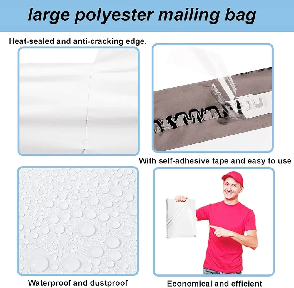 6 vnt. 60 x 79 cm baltų plastikinių siuntimo maišų rinkinys, siuntimo maišai drabužiams, dideli, lipnūs polietileniniai plastikiniai maišai, vandeniui atsparūs kurjerių maišai, pakavimo maišai siuntimui skirtoms prekėms, tekstilei