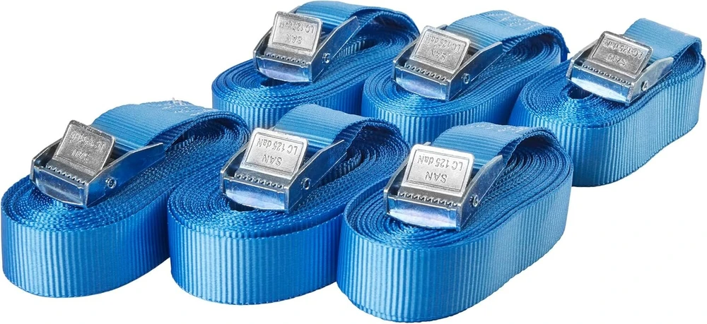 6 x tvirtinimo dirželiai su užraktu, skirti iki 250 kg, 25 mm pločio, vientisi, 3 m, 4 m, 5 m, 6 m, juodi, mėlyni, raudoni, neoniniai geltoni, alyvuogių žalumo