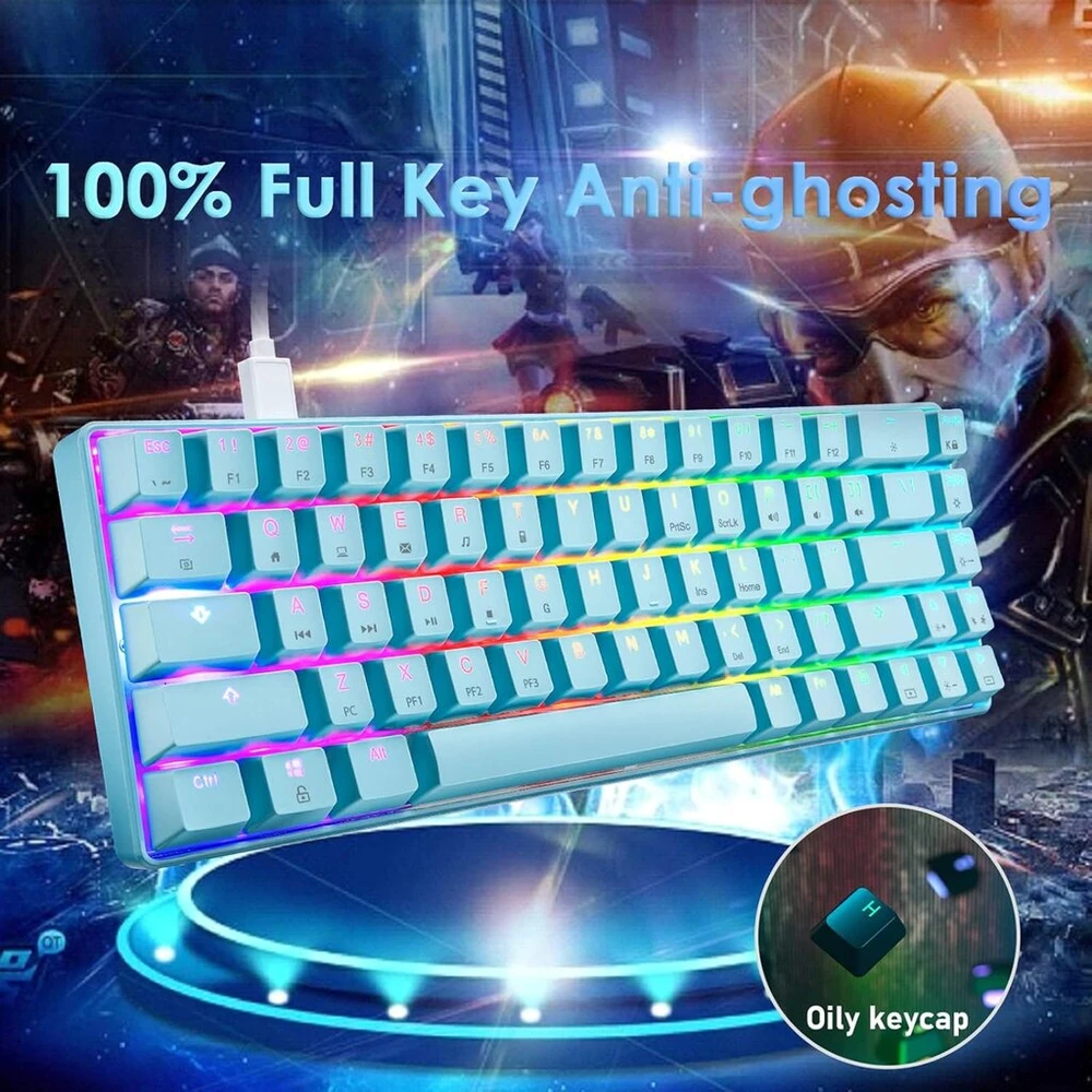 60% mechaninė žaidimų klaviatūra, mėlynas switch, mini 68 klavišų laidinė type c, 18 apšvietimo efektų + 6400dpi lengva optinė Rgb pelė honeycomb pelė + didelis pelės kilimėlis - mėlyna