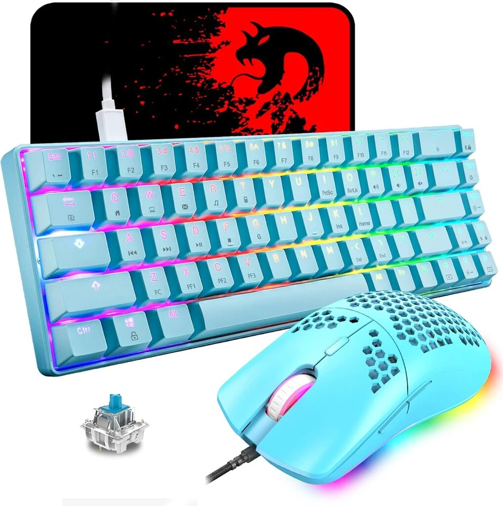60% mechaninė žaidimų klaviatūra, mėlynas switch, mini 68 klavišų laidinė type c, 18 apšvietimo efektų + 6400dpi lengva optinė Rgb pelė honeycomb pelė + didelis pelės kilimėlis - mėlyna