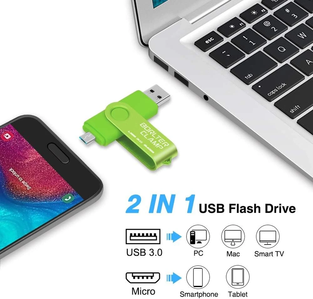 64 gb otg usb atmintinė dviguba usb 3.0 atmintinė su micro usb jungtimi, skirta android išmaniesiems telefonams, planšetiniams kompiuteriams ir kompiuteriams (žalia)