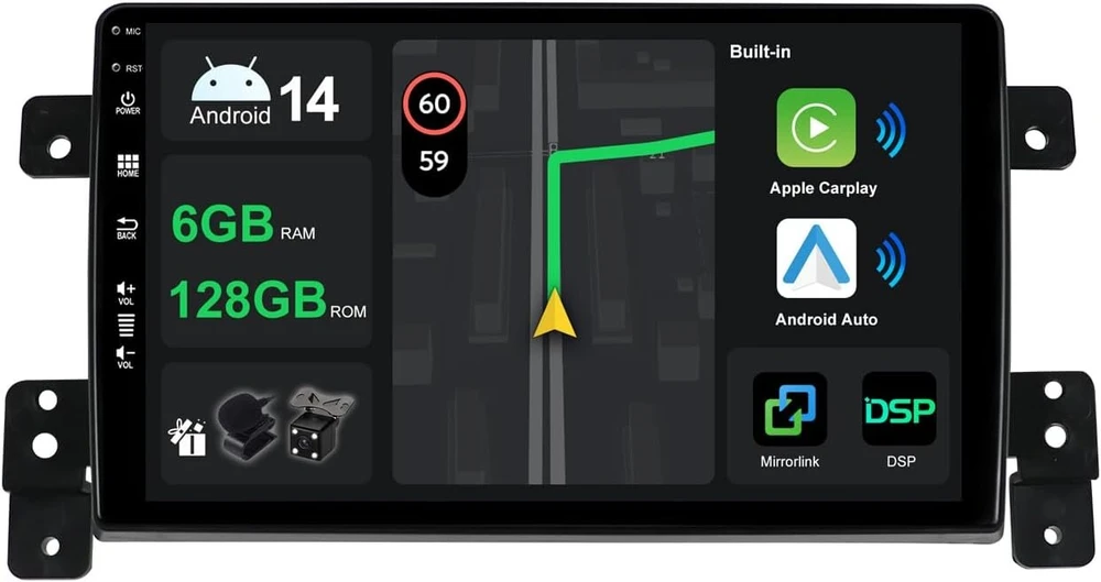 Automagnetola [6g + 128g] Ips 9 colių Android 14 automobilinis radijas Suzuki Grand Vitara 2004-2015 su Navi Octa Core [integruotas Carplay/android Auto/dsp/mirror Link/gps Navi/360 Kamera/bluetooth 5.0/wifi/usb