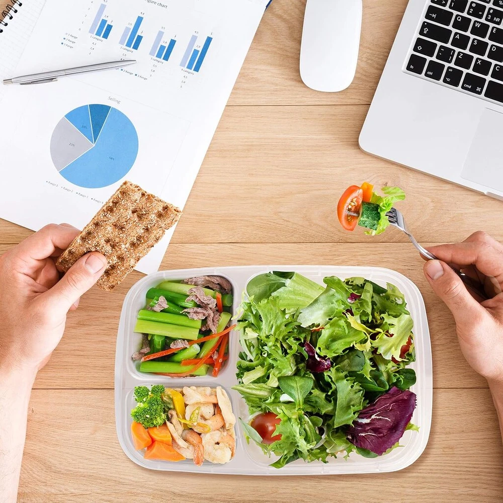 7 dalių bento priešpiečių dėžutė - 3 skyrių maisto ruošimo indai - porcijų kontrolės plastikinė maisto laikymo dėžutė su dangteliu, sukraunama, daugkartinio naudojimo, tinkama mikrobangų krosnelei, šaldikliui ir indaplovei, maisto išsinešimui dėžutės