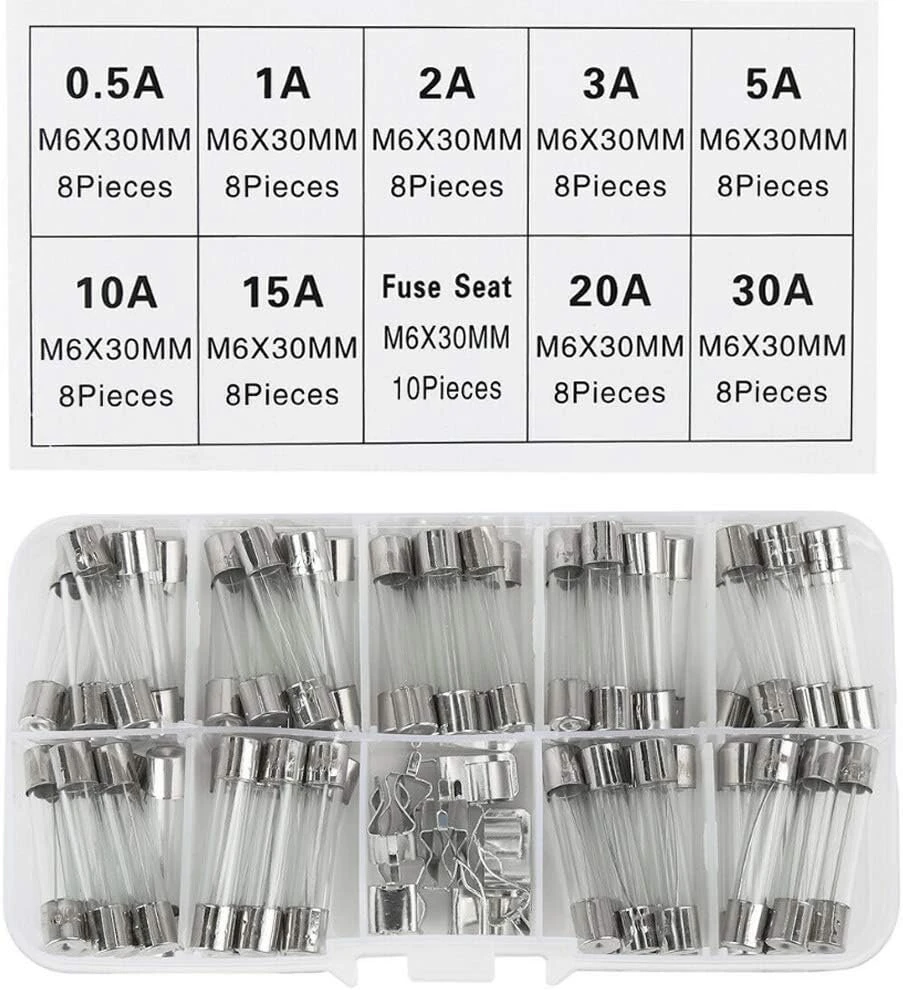 72 vnt. stikliniai greito veikimo automobilių saugikliai 6x30mm, 250v