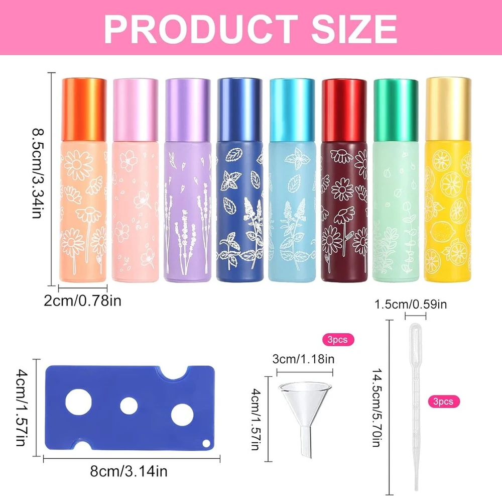 8 x 10 ml stikliniai rutuliniai buteliukai eteriniams aliejams su priedais