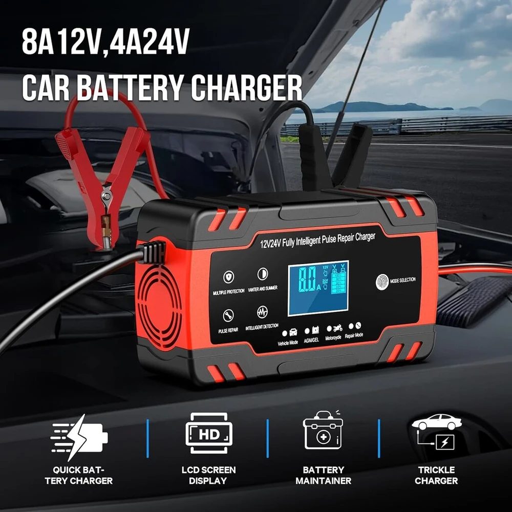 8a automobilio akumuliatoriaus įkroviklis, 12 v/24 v automobilio akumuliatoriaus įkroviklis, visiškai automatinis išmanusis palaikomojo įkrovimo įkroviklis, lcd ekranas, išmanusis visiškai automatinis įkroviklis automobiliui, motociklui, sunkvežimiui, vej
