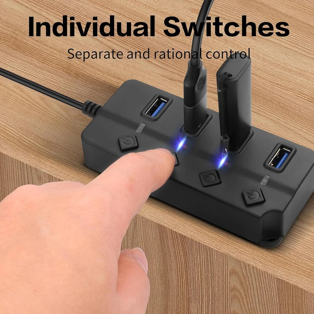 90 laipsnių usb šakotuvas Yacsejao usb 2.0 duomenų šakotuvas su individualiu led įjungimo/išjungimo mygtuku, dc 5.5 x 2.1 maitinimo prievadas nešiojamam kompiuteriui, pc kompiuteriui (4 prievadai, 0.3 m)