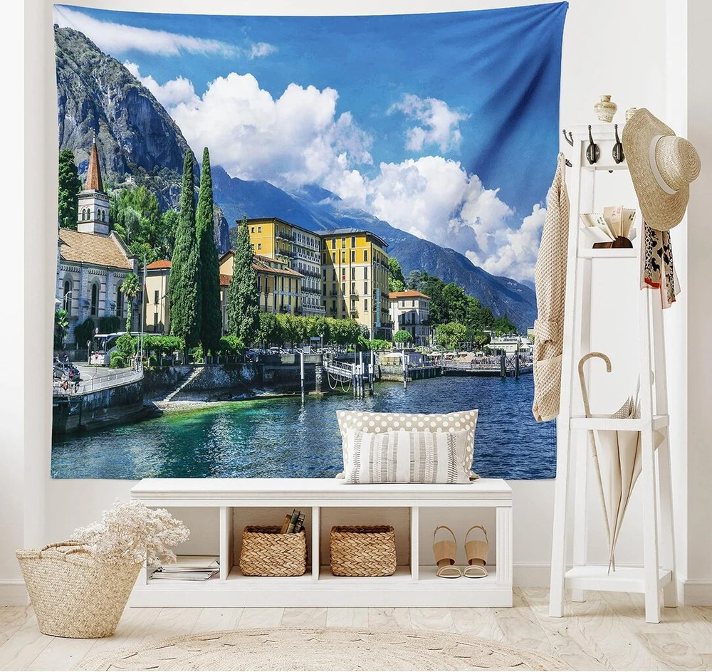 Abakuhaus Italija Ežero Komo Peizažo Gobelenas ir Lovatiesė, Minkštas Mikropluošto Audinys, Galima Skalbti, Neblunka, Skaitmeninis Spaudinys, 230 x 140 cm, Žalia Mėlyna