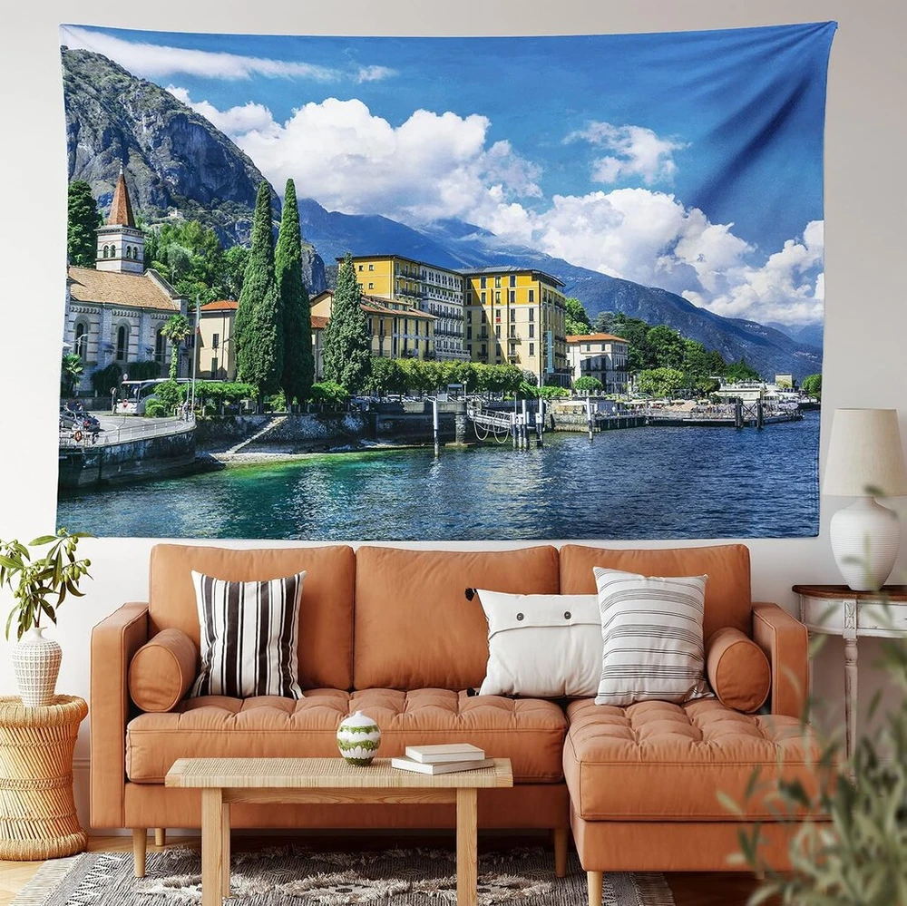 Abakuhaus Italija Ežero Komo Peizažo Gobelenas ir Lovatiesė, Minkštas Mikropluošto Audinys, Galima Skalbti, Neblunka, Skaitmeninis Spaudinys, 230 x 140 cm, Žalia Mėlyna