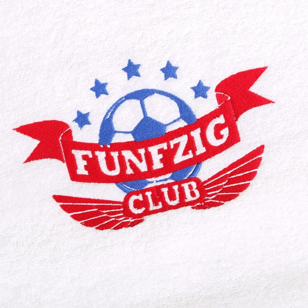 Abc Casa rankšluostis 50-ojo gimtadienio proga su išsiuvinėtu futbolo logotipu „fifty Club“ vyrams – praktiška dovana 50 metų jubiliejui – puiki dovanos idėja 50-mečiui
