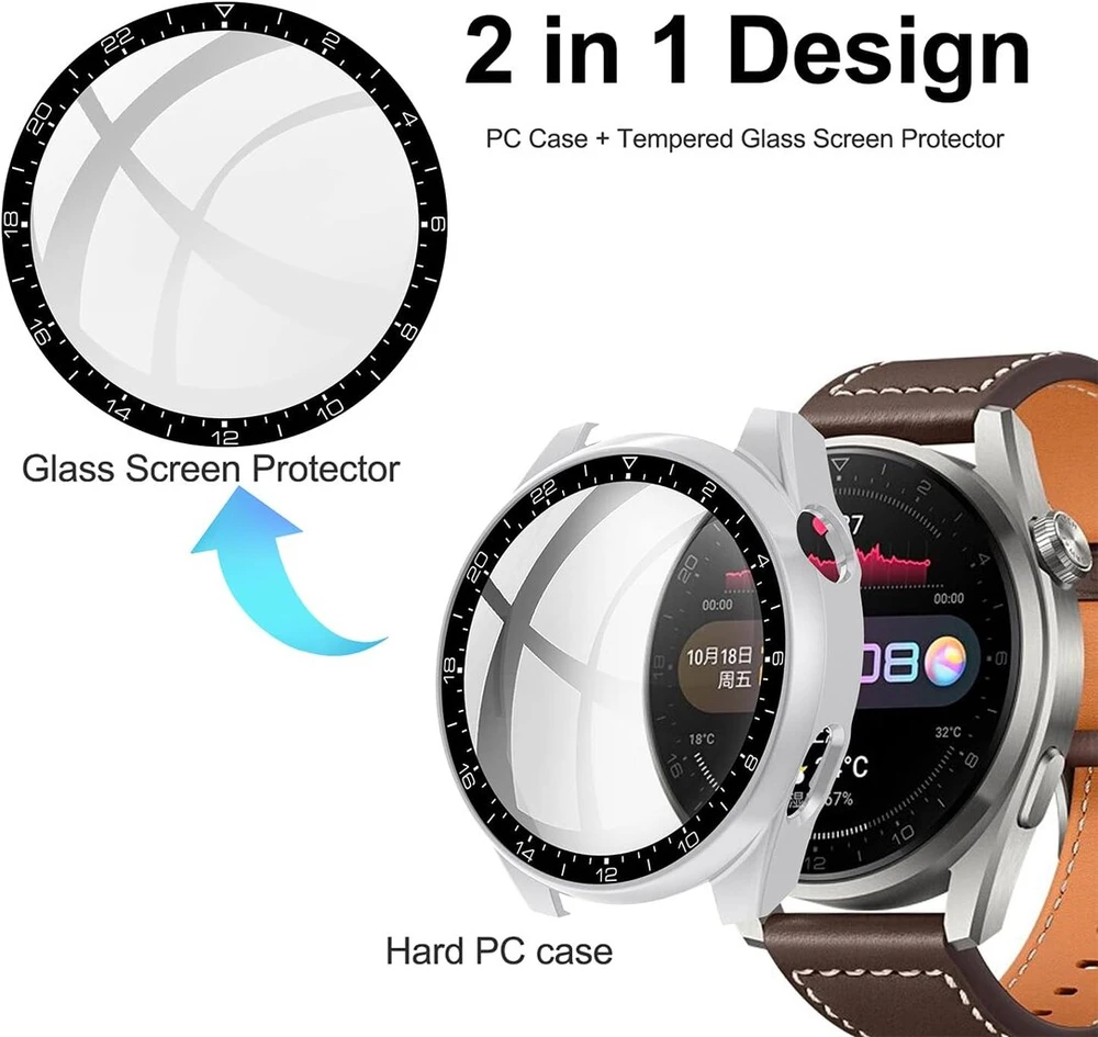 Acadeny dėklas su grūdinto stiklo ekrano apsauga, suderinamas su Huawei Watch 3 Pro, 9h kietumas, 360° visapusiškas apsauginis dėklas, itin plonas apsauginis pc dėklo dangtelis (netinka gt3 pro)