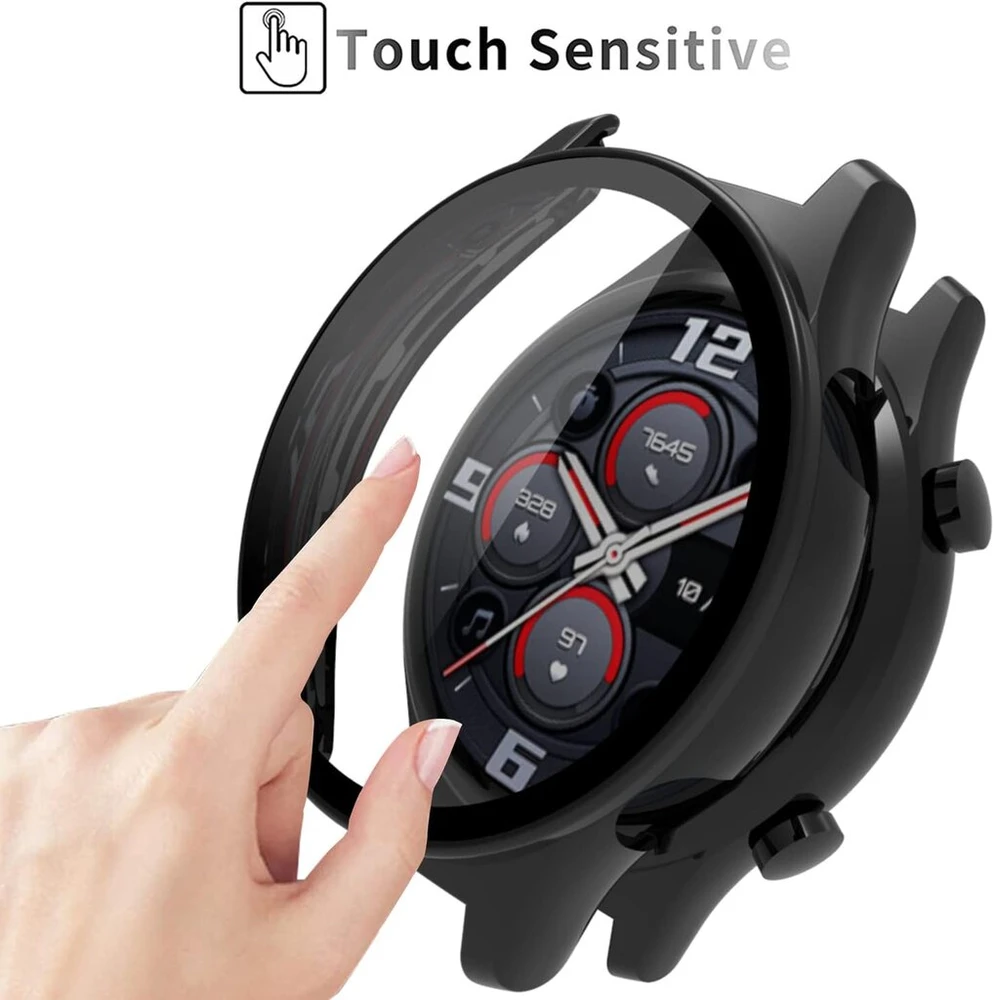 Acadeny dėklas su grūdinto stiklo ekrano apsauga, suderinamas su Honor Watch Gs3, 9h kietumas, 360° visapusiška apsauga, itin plonas apsauginis Pc dėklas, skirtas Honor Watch Gs3, juodas