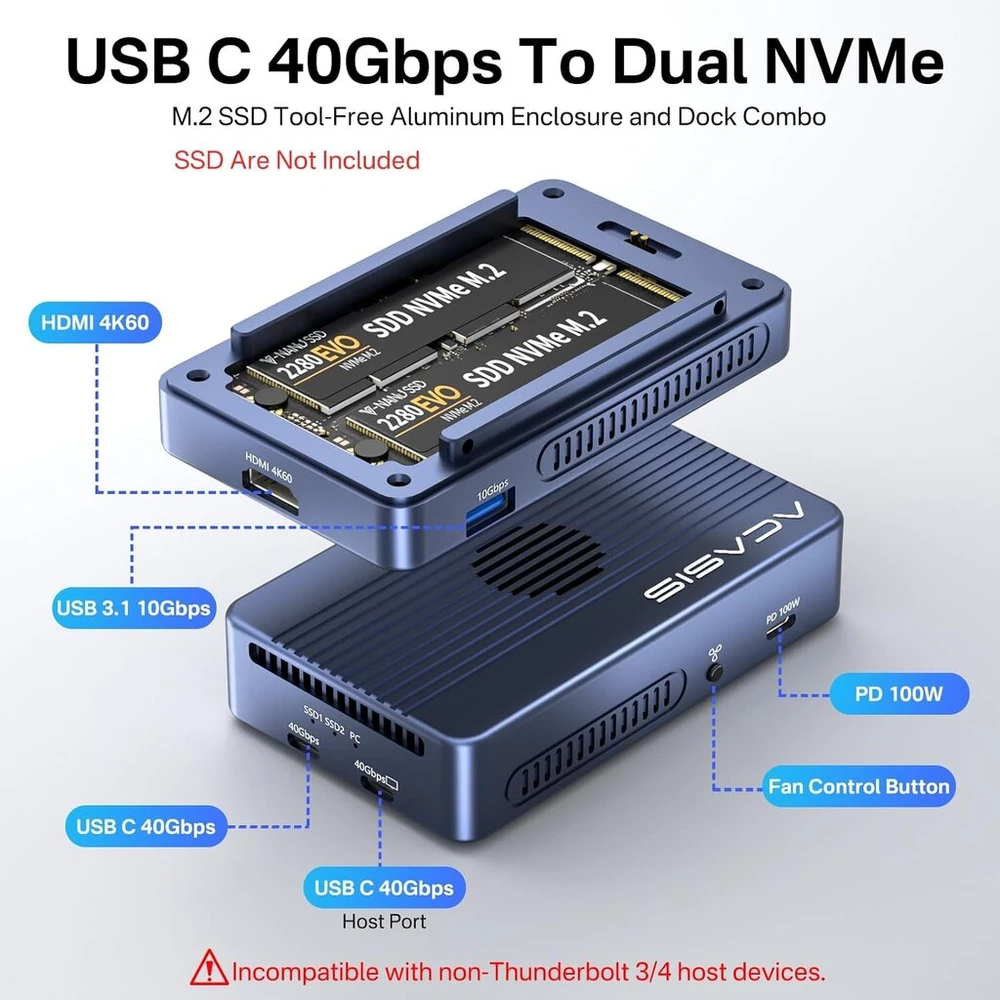 Kietasis diskas Acasis M2 Nvme Ssd dėklas 40gbps Usb C aliuminio Nvme dėklas Pcie 2280 M-key (b+m Key) kietojo kūno diskas išorinis standžiojo disko dėklas suderinamas su Usb 4/3.2/3.1/3.0/type C įrenginiais (tbu405pro)