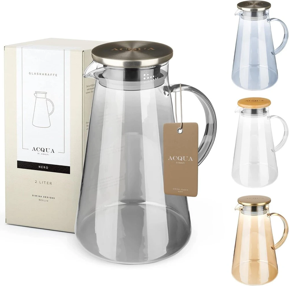 Acqua Di Amalfi® stiklinė karafa | vandens karafa 2 litrai su nerūdijančio plieno / bambuko dangteliu | vandens ąsotis su vaisių įdėklu | nepralaidus | karafa taip pat kaip arbatinukas (juoda / plieno)
