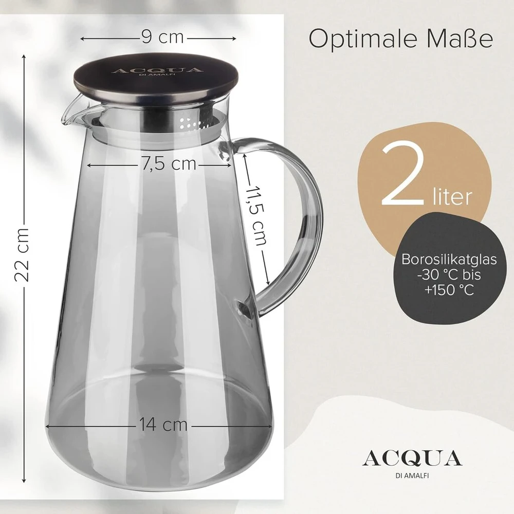 Acqua Di Amalfi® stiklinė karafa | vandens karafa 2 litrai su nerūdijančio plieno / bambuko dangteliu | vandens ąsotis su vaisių įdėklu | nepralaidus | karafa taip pat kaip arbatinukas (juoda / plieno)