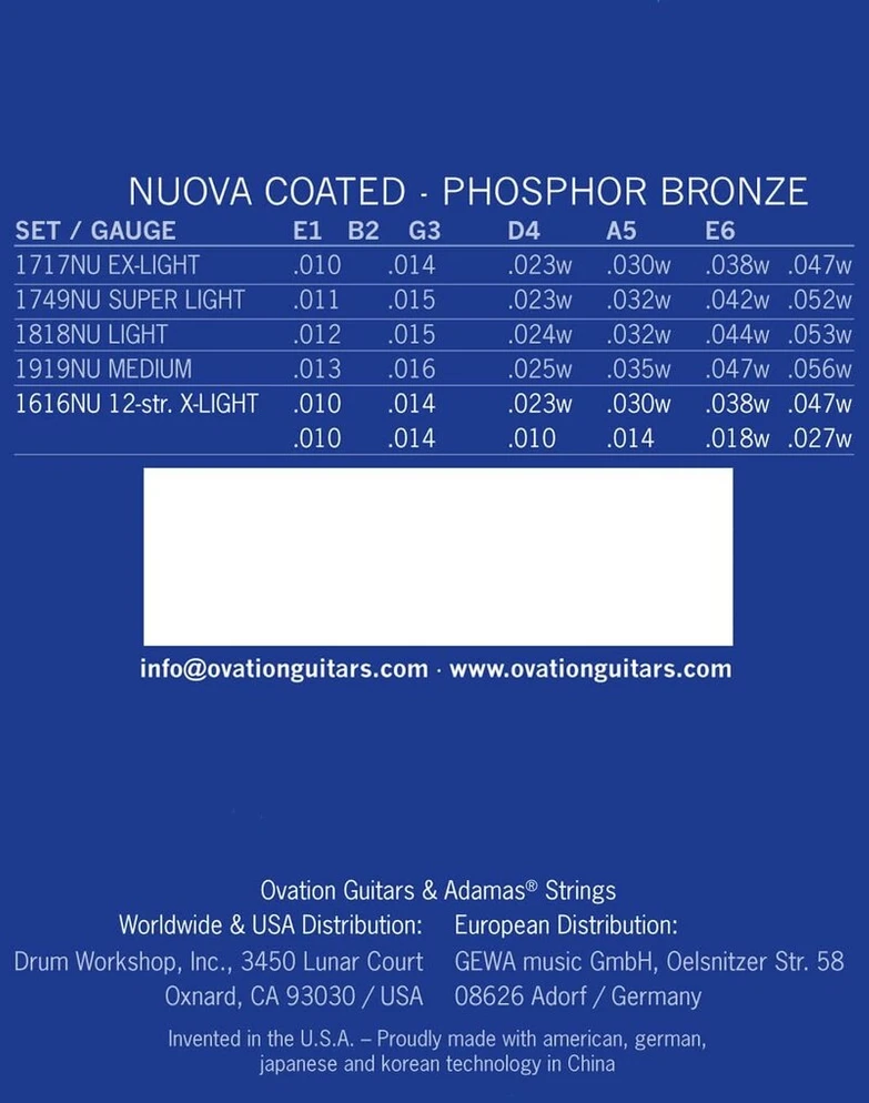 Adamas Nuove Phosphor Bronze Coated akustinės gitaros stygos su žalvario galiukais 12 stygų Light .010-.047