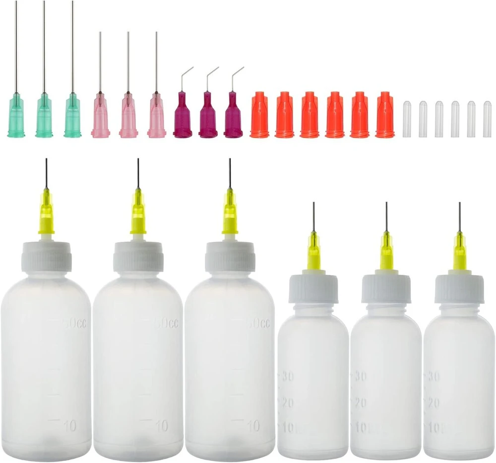 Adatiniai buteliukai 30/50 ml, preciziško antgalio aplikatorių buteliukai su 15 dozavimo adatų ir 12 dangtelių "pasidaryk pats" amatų klijų papildymui