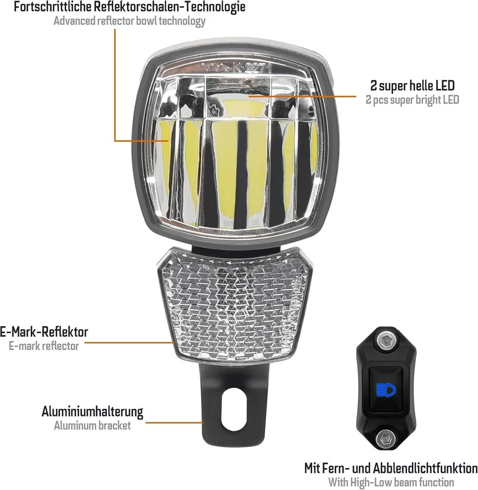 Addview e-bike priekinis žibintas 180 lux hammer e170 plus - tolimosios, artimosios šviesos, su vairo jungikliu, ip65, aliuminis, atitinka stvzo/ece, skirtas 8-48v dc, apsauga nuo akinimo ir stiprus