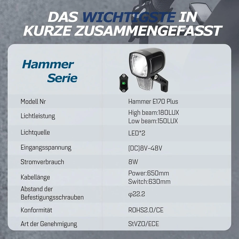 Addview e-bike priekinis žibintas 180 lux hammer e170 plus - tolimosios, artimosios šviesos, su vairo jungikliu, ip65, aliuminis, atitinka stvzo/ece, skirtas 8-48v dc, apsauga nuo akinimo ir stiprus