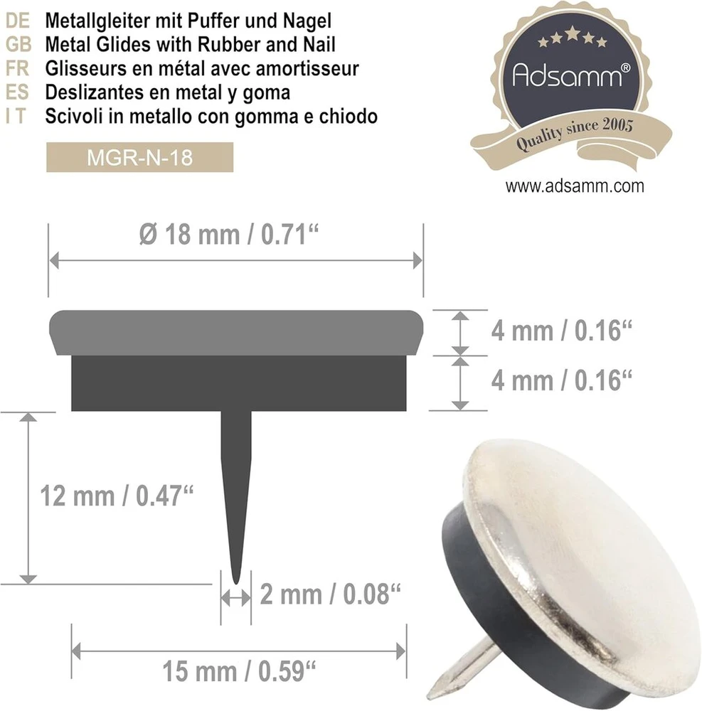 Adsamm® 32 x metaliniai slystukai su buferiu ir vinimi / sidabriniai / skersmuo 18 mm / apvalūs / baldų slystukai prikalamui