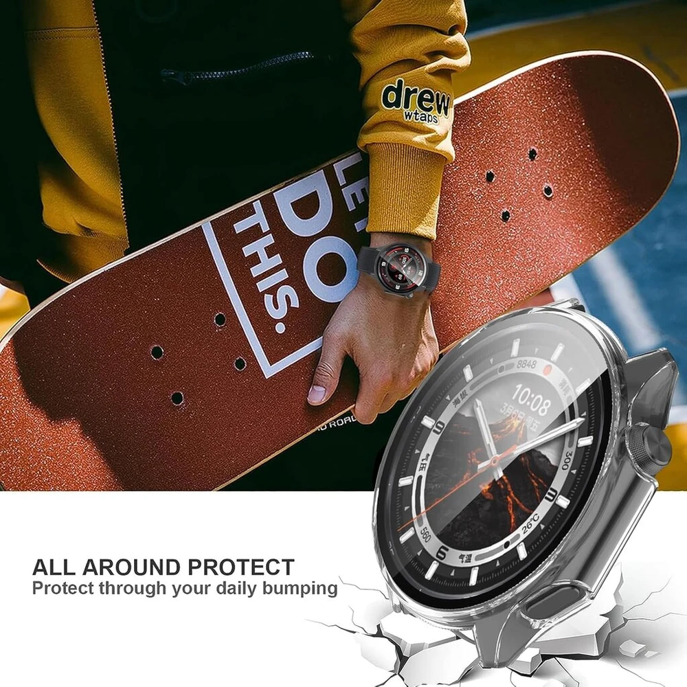 Aerku kietas dėklas su ekrano apsauga, suderinamas su Oneplus Watch 3, [2 vnt.] pilnos apsaugos įbrėžimams atsparus pc apsauginis dėklas, juodas ir skaidrus